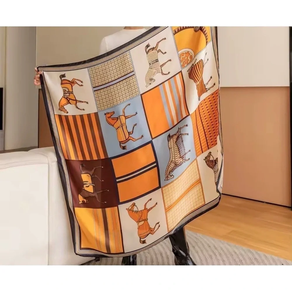 Women Equestrian Horse Patchwork Square Scarf Orange Brown Blue Satin Scarf NWT